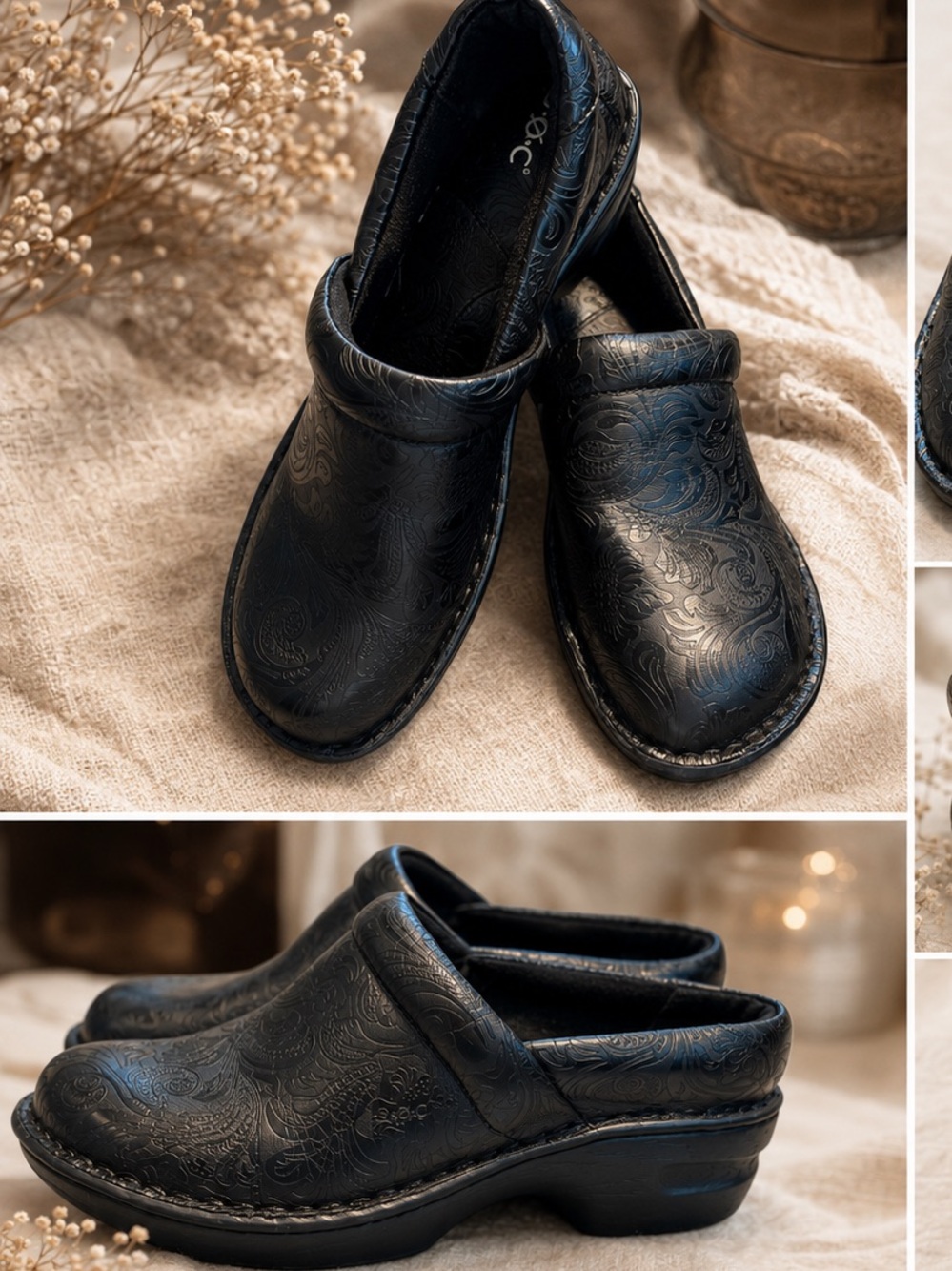 B.O.C Born Concept Embossed Black Tooled Clogs Slip On Comfort Shoes Womens 7.5